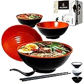 4 Ramen Bowls, 12 pieces Pho set. Red Black Ramen Bowl Set. Unbreakable Melamine. Asian Japanese soup. Spoons And Chopsticks kit. . XL 37 oz. Noodles, Rice, Udon, Thai, Chinese, Korean, Wonton, Miso