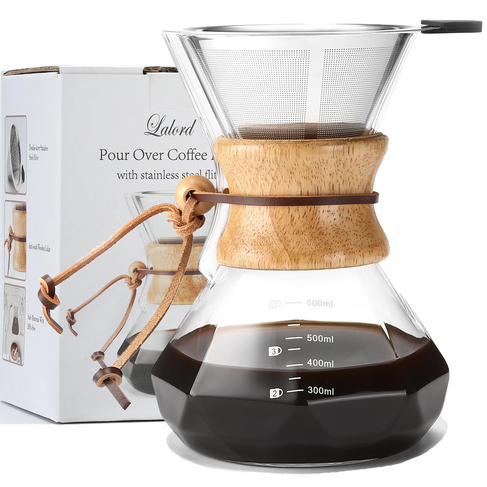 Lalord Pour Over Coffee Maker with Reusable Stainless Steel Filter, 600 ml Borosilicate Glass Coffee Carafe, Wooden Collar, Coffee Dripper Brewer, Hold 3 Cups, 600ml