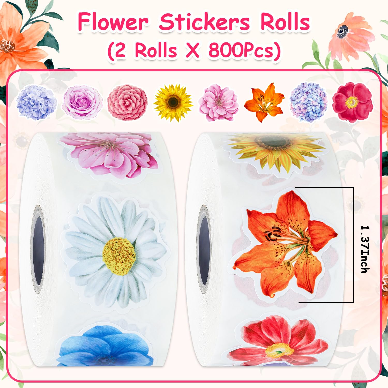 1200Pcs Flower Stickers, Flower Stickers Roll for Kids, Flower Roll Sticker for Scrapbooks, Water Bottle, Present Boxes Decorations(16 Styles)