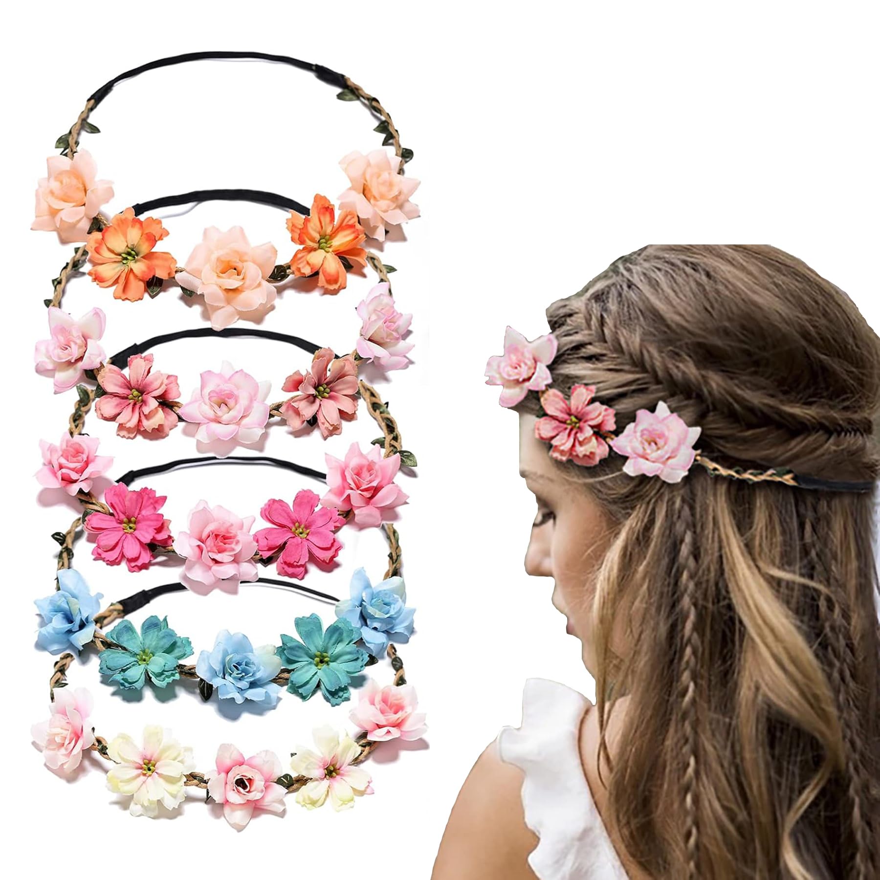 BAIYSFFG 5PCS Multicolour Flower Hair Wreath Floral Headpieces Festival Hair Accessories for Women Girls