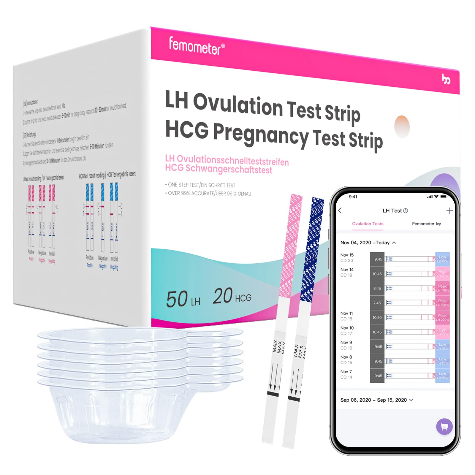 femometer Home LH & HCG Test Kit - Know Your Peak Fertility Days, Help You Get Pregnant - 50 Ovulation Strips & 20 Pregnancy Test Strips, Over 99% Accurate, Easy to Use