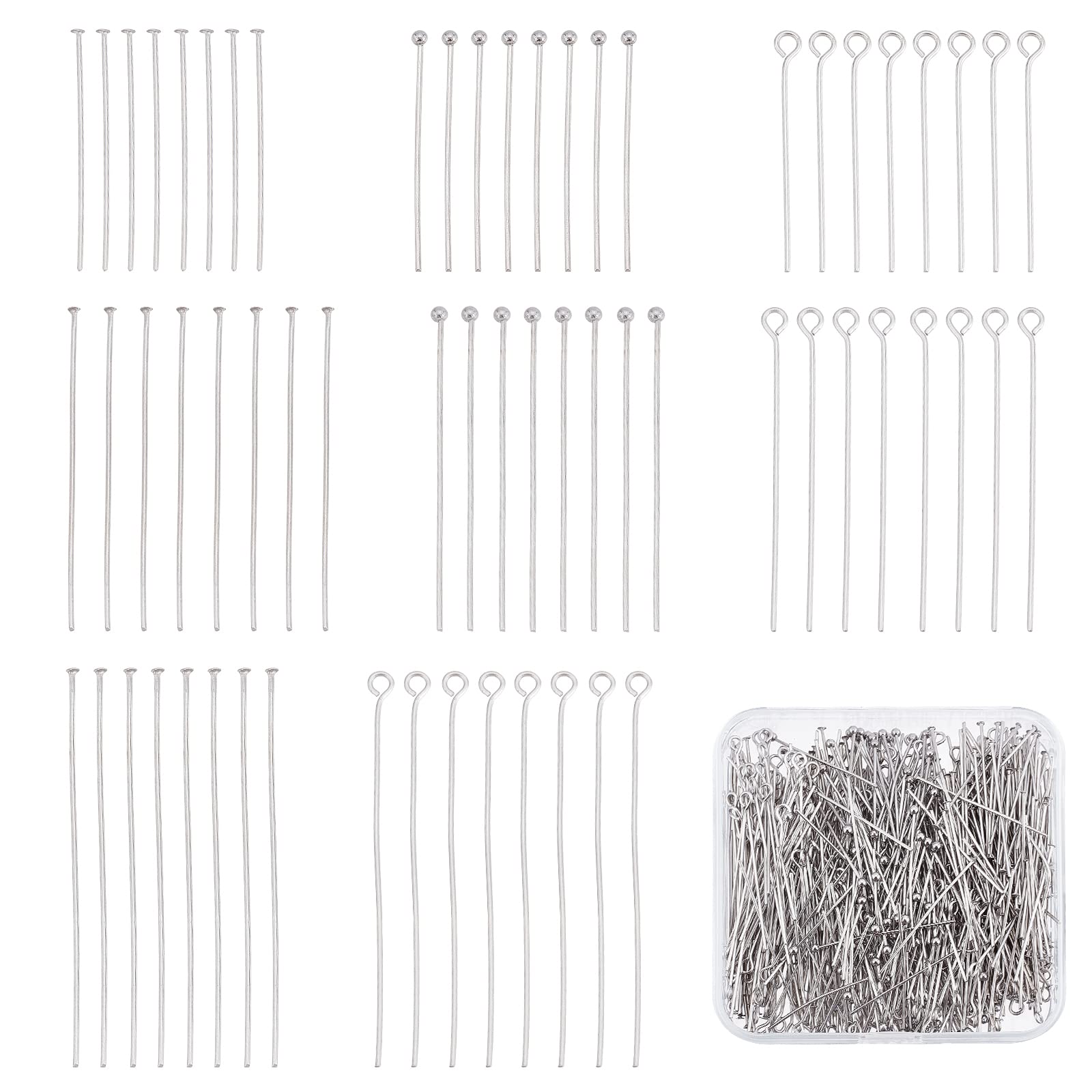 SUNNYCLUE 1 Box 600Pcs 8 Style 1.2/1.6/2inch Stainless Steel Eyepins Head Pins Flat Head Pin Ball Pins Open Eye Pin for Jewellery Making Accessories Women DIY Craft Beading Earrings Findings Supplies — image 1