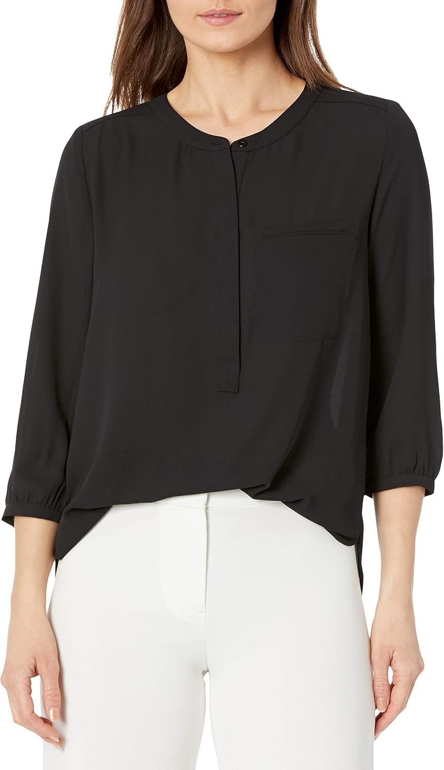 NYDJ Women's Petite Size 3/4 Sleeve Henley Pleat Back Blouse Black