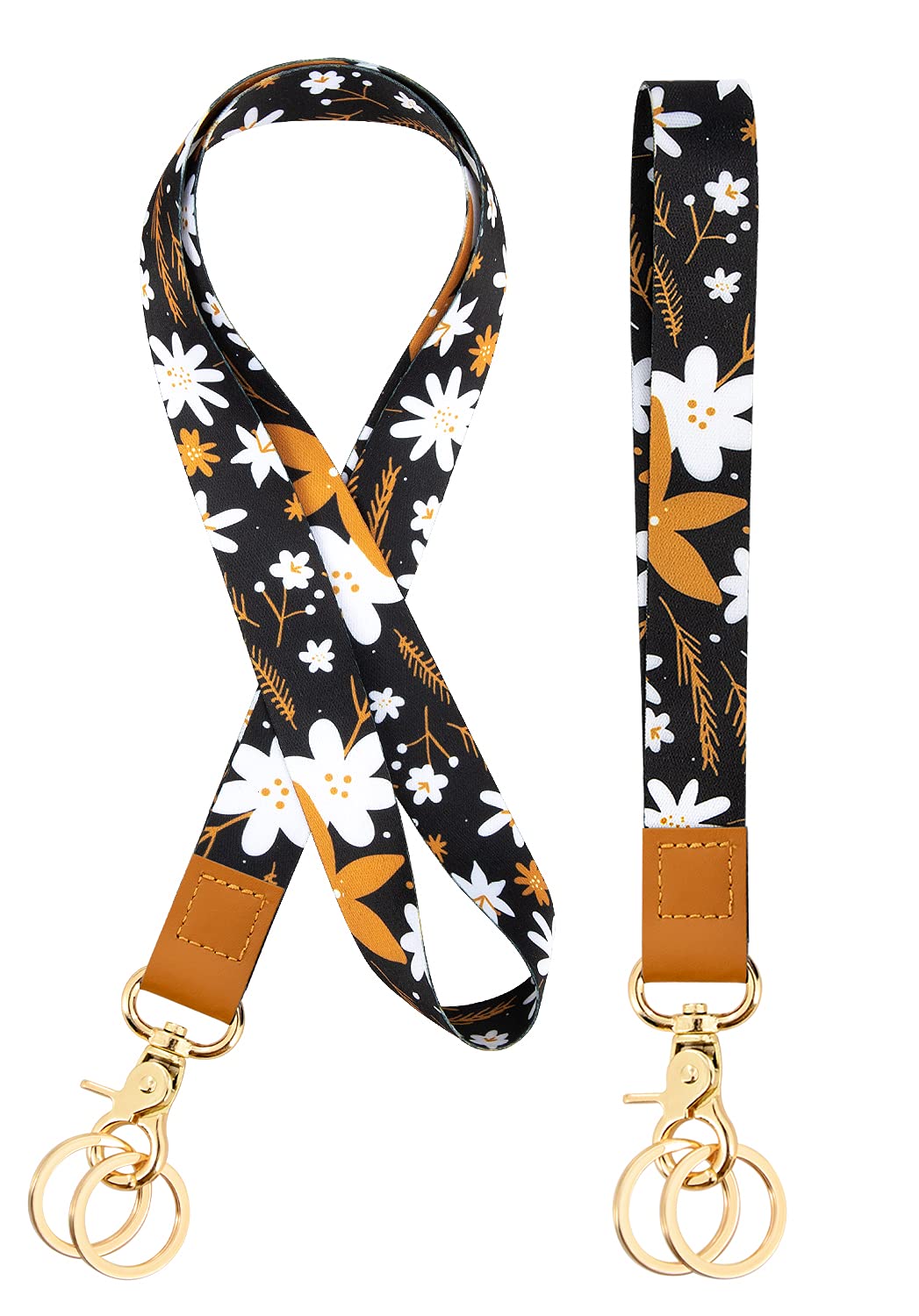 2 Pieces Lanyard for Neck Wrist with Swivel Lobster Clasp and Genuine Leather, for ID Badge Holder, Keys, Camera, Mobile Phone(White Flowers)
