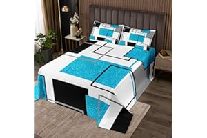 jejeloiu Teal Black Abstarct Bedspread 3 Pieces Queen Size Geometric Striped Coverlet Set Soft Cozy Geometric Grid Lightweigh