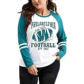 Plus Size Football Shirts Women Game Day Graphic Long Sleeve Shirt Sunday Funday T-Shirts Casual Football Fan Tee Top