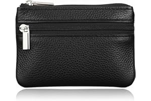Hibate Black Small Leather Coin Purse Change Pouch for Women Men Kids with Zip Key Ring