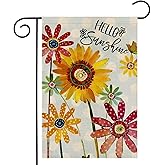 Spring Flowers Garden Flag 12x18 Inch Double Sided,Hello Sunshine Sunflower Daisy Small Yard Flags for Outdoor,Summer Seasonal Decoration for Farmhouse Holiday Outside