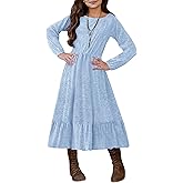 MITILLY Girls Fall Boho Dress Kid Long Sleeve Tween Casual Ruffled Hem Swing Loose Flowy Tiered Midi Dress with Pockets
