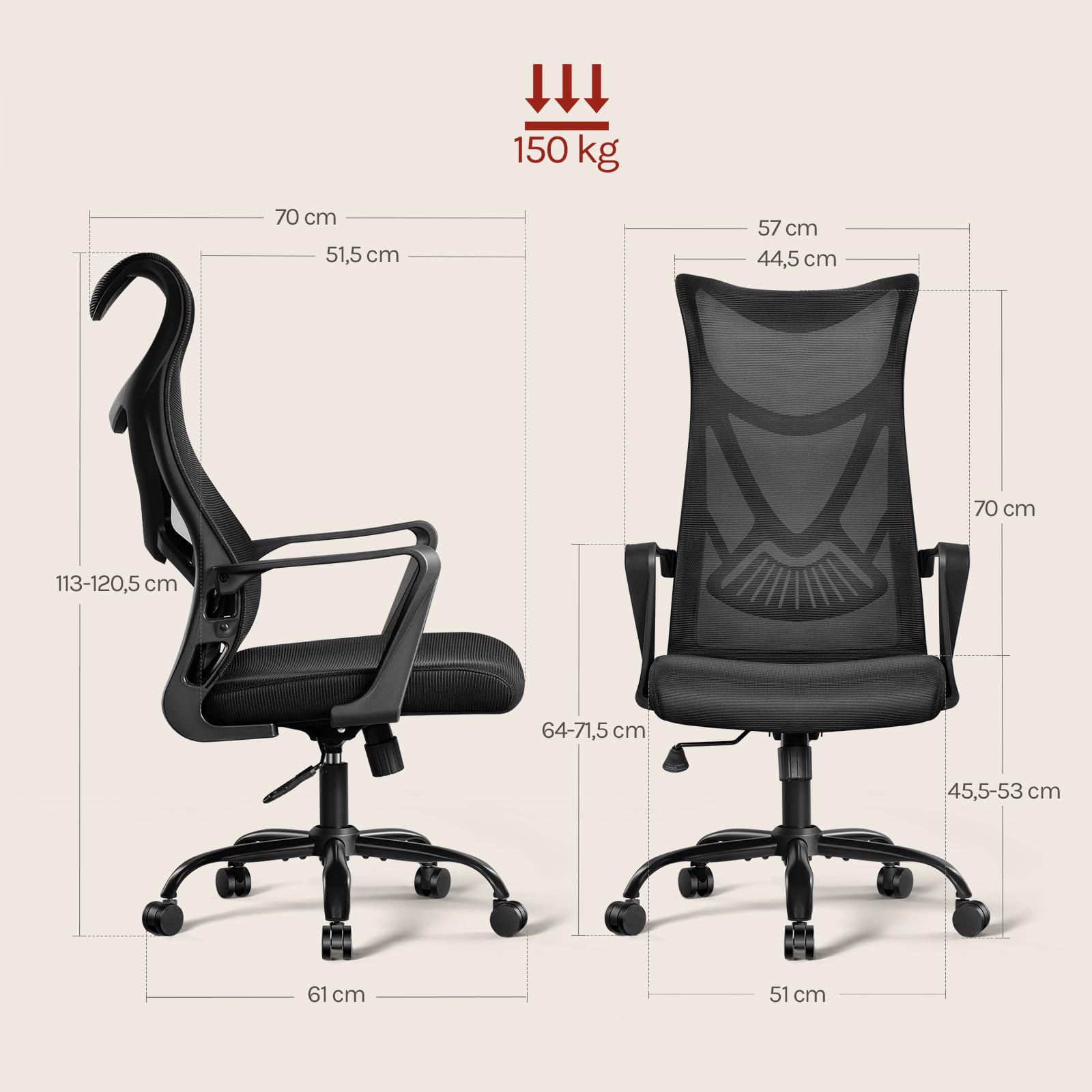 Klihome Bürosessel Ergonomisch, Bürostuhl Schaukelfunktion 360° Drehbar, Schreibtischstuhl mit Armlehnen, Arbeitsstuhl aus atmungsaktivem Netzstoff, Schwarz 3