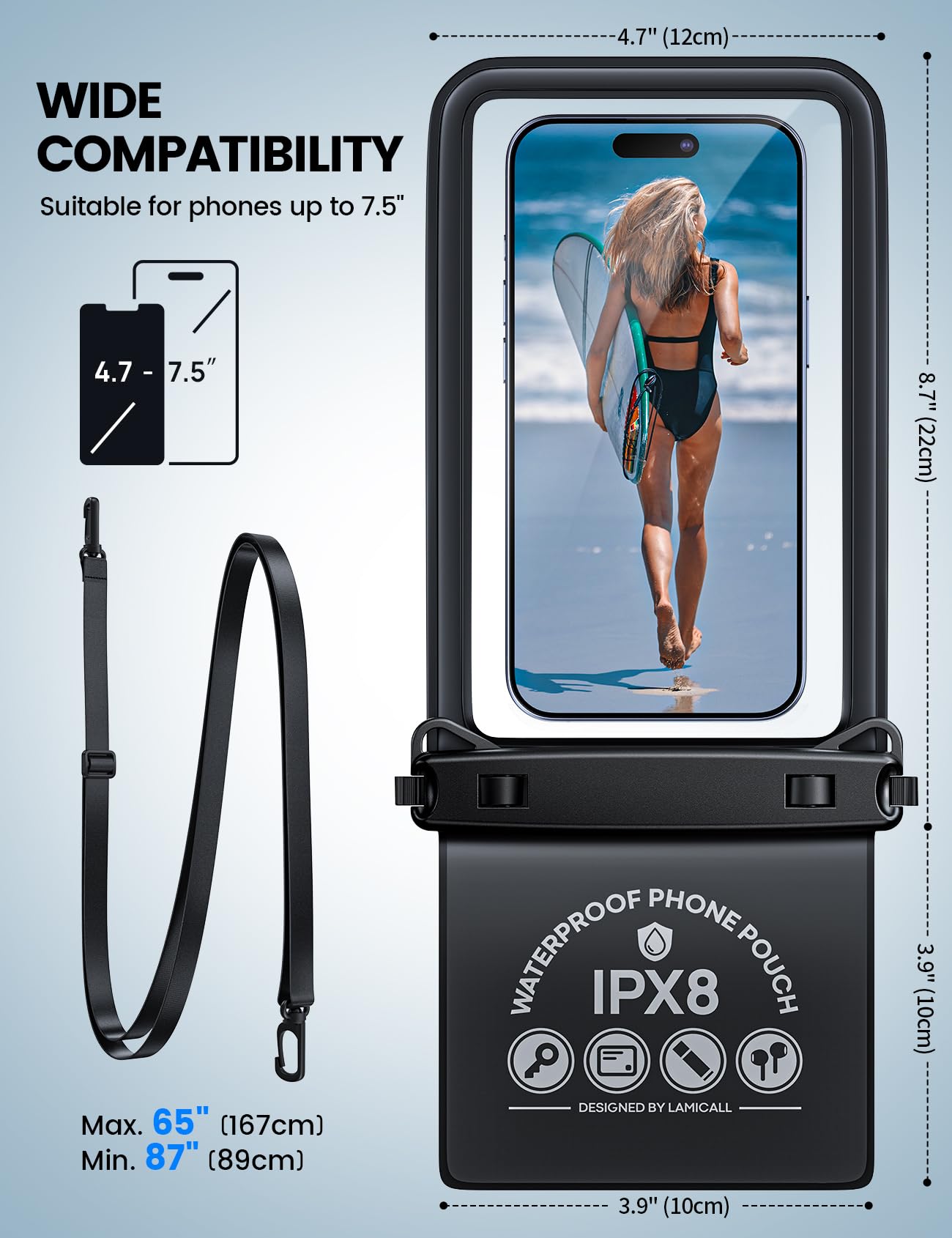 Lamicall Waterproof Phone Pouch Case - [Double Space] IPX8 Water Proof Cell Phone Dry Bag with Lanyard, Beach Cruise Ship Essentials for iPhone 16 15 14 13 Pro Max, Galaxy S25 S24, 4-7.5