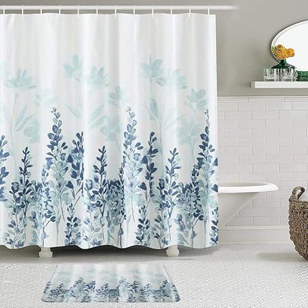 YOLIKA 2-teiliges Duschvorhangset mit Rutschfester Badematte,Blaue