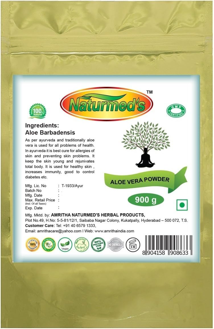 Naturmed's Aloe Vera Powder 900 Grams Pouch| Pure Sun Dried Aloe Leaf| Free from Chemical & Preservatives | Rejuvenates skin| Healthy Complexion