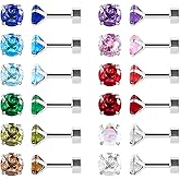 12 Pairs Flat Back Stud Earrings for Women Screw Back Surgical Stainless Steel 18K Gold Plated Silver Heart Star Round Cubic Zirconia CZ Birthstone Stud Earrings Set