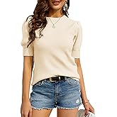 Zbyclub Womens Puff Short Sleeve Sweaters Pullover Shirt Tops Crew Neck Lightweight Knit Sweater Blouses