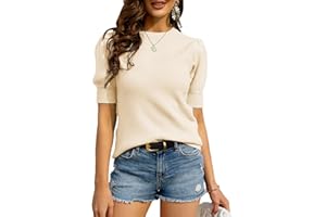 Zbyclub Womens Puff Short Sleeve Sweaters Pullover Shirt Tops Crew Neck Lightweight Knit Sweater Blouses