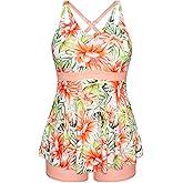 Hanna Nikole Women Plus Size Tankini Swimsuit Two Piece Bathing Suit Cross Back Cutout Flowy Swim Top with Boy Shorts