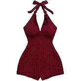 MakeMeChic Women's Halter Short Rompers Summer One Piece Jumpsuits Backless Shapewear