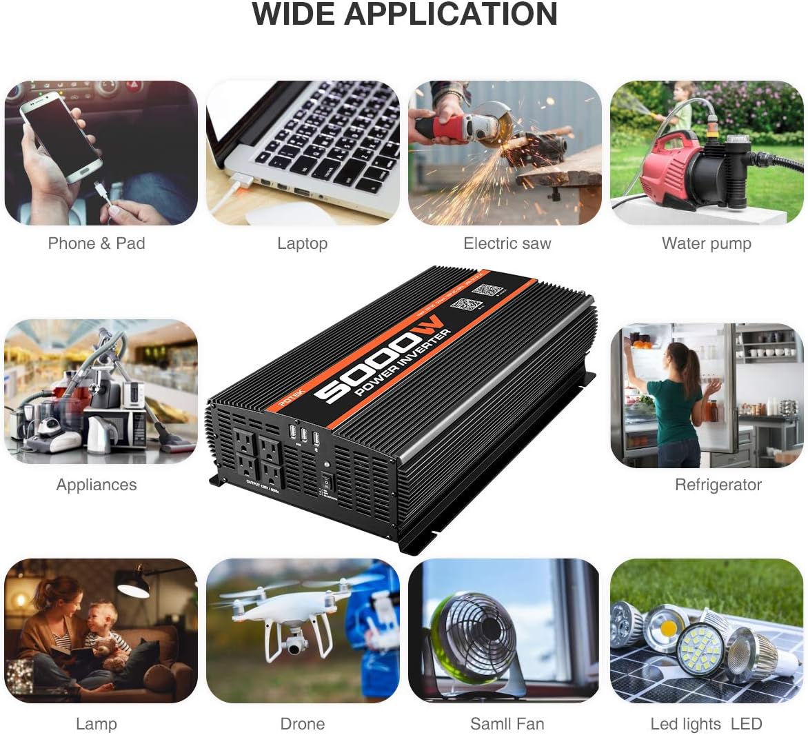 POTEK 5000W Power Inverter 4 AC Outlets 12V DC to 110V AC Car Inverter with Bluetooth and 2 USB Ports: Car Electronics