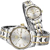 OUPINKE His and Her Watches Set Romantic Anniversary Valentine's Day Love Gift Matching Set 2 Pairs Gold Black Silver Stainless Steel Band Luminous Waterproof Couple Watches