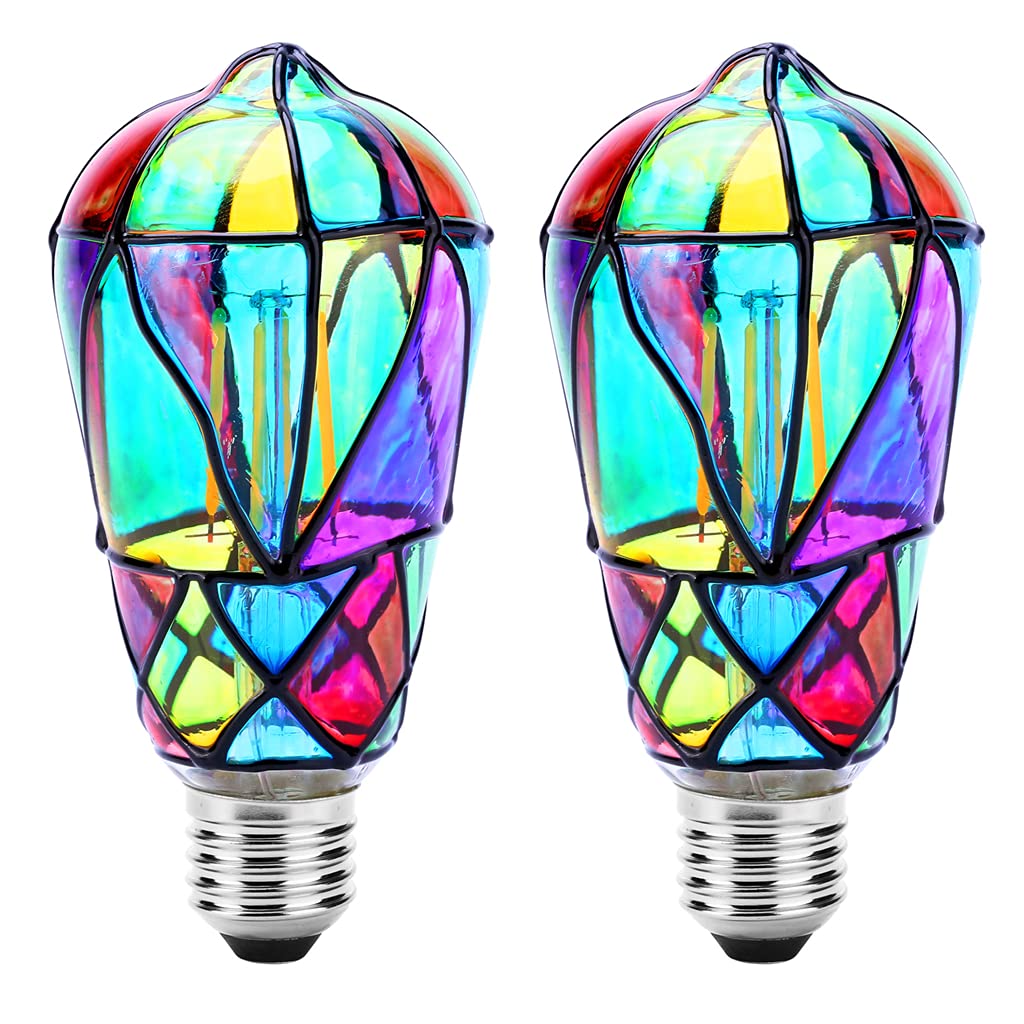 E27 Edison Light Bulb 2 Packs Stained Glass Screw Decorative Bulb 3.5W ST64 LED Filament Bulb Replacement for Bedroom Living Room Home Christmas Decoration Halloween