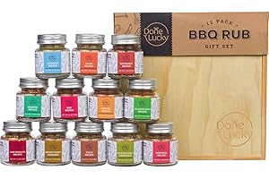 DONE LUCKY BBQ Rub Gift Set - Spice Gift Set in Premium Wooden Box - Great Grilling Gift for Christmas, Birthday, Father's Day for Him, Dad, Men, or Her - Unique Barbecue Seasonings (Set of 12)
