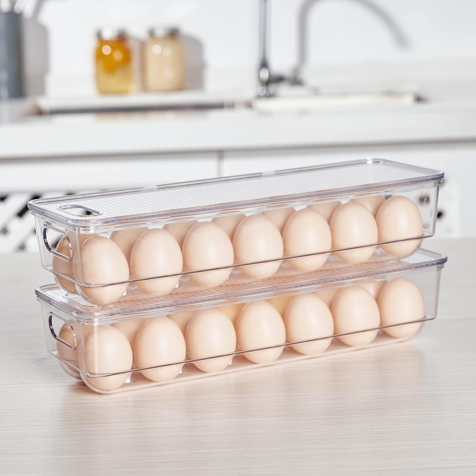 Vtopmart Egg Container Holders for Refrigerator - Clear Stackable Trays for 14 Eggs, Plastic Storage Bins for Fridge Organization (2 Pack)