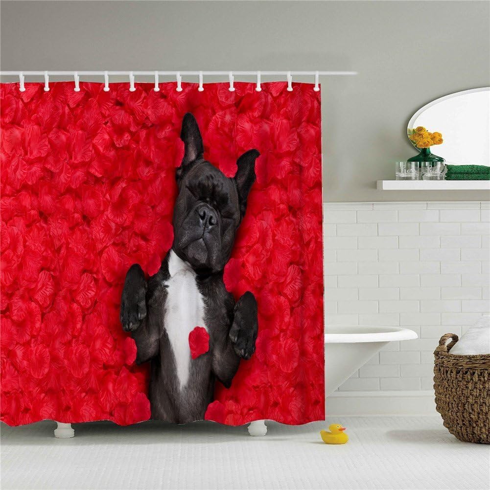 Red Flower Black Dog Shower Curtain Polyester Fabric Mildew Proof 69x 84 Shower Room Decor