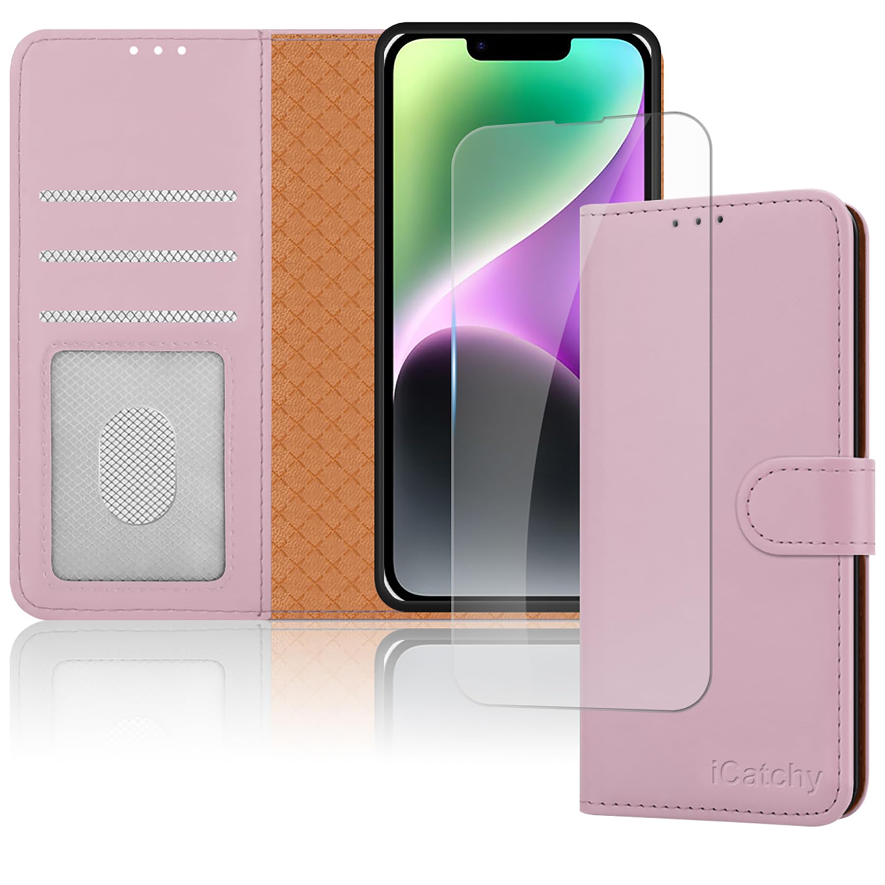 iCatchy for iPhone 14 (6.1) Case Leather Wallet Book Stand view Magnetic Protect RFID Blocking Flip Cover Compatible with iPhone 14 (Rose Gold)