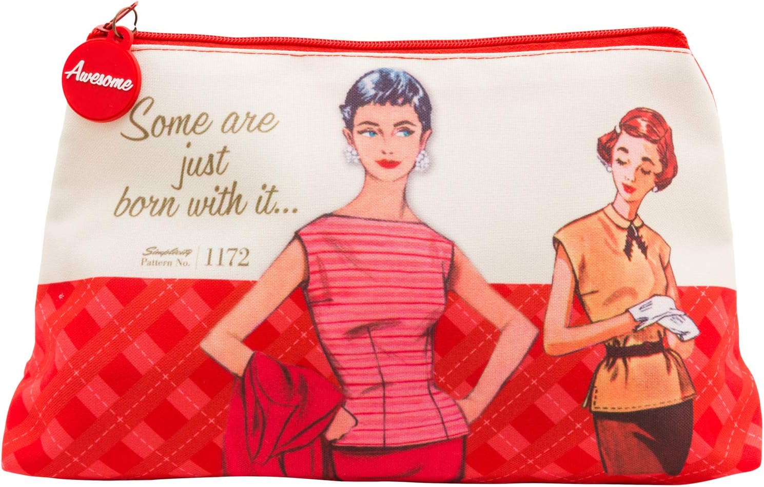 Simplicity Vintage Fashion 1950's ''Some are Just Born With it'' Red Large Zipper Pouch, 10'' L x 5.25'' H