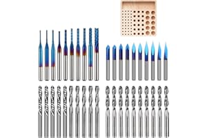 LUNYEE 40pcs End Mills CNC Router Bits with Milling Bit Storage Tray, 1/8" Shank CNC Cutter Milling Carving Bit Set Including 2-Flute Flat Nose & Ball Nose, V-Bit with Nano Blue Coating Bits