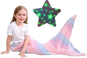 Softan Kids Mermaid Tail Blanket, Glow in The Dark Toddler Mermaid Blanket with Glittering Stars and Rainbow Ombre Fish Scale Design - 17" x 39"