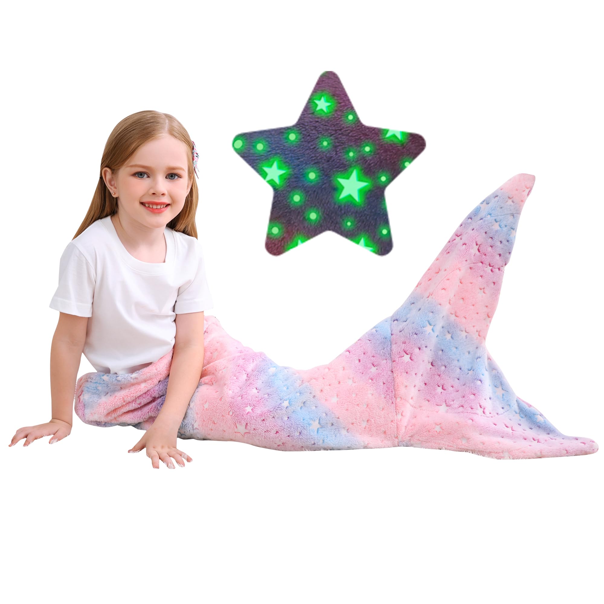 softan Kids Mermaid Tail Blanket, Glow In The Dark Gift for Girls, Soft Flannel Fleece Toddler Mermaid Blanket with Glitering Stars and Rainbow Ombre Fish Scale Design - 100 x 43 cm