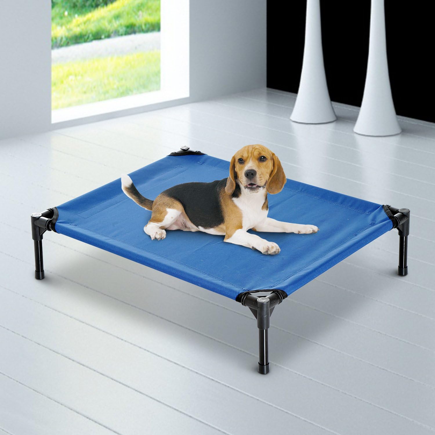 PawHut Elevated Pet Bed Portable Camping Raised Dog Bed w/ Metal Frame Blue (Medium), 76 x 61 x 18 cm (L x W x H) - Image 4