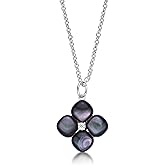 Lavari Jewelers Black Onyx, Malachite or Mother of Pearl and Cubic Zirconia Four Petal Flower Pendant Necklaces for Women in 925 Sterling Silver and Gold Plating on 18 Inch Chain with Lobster Claw