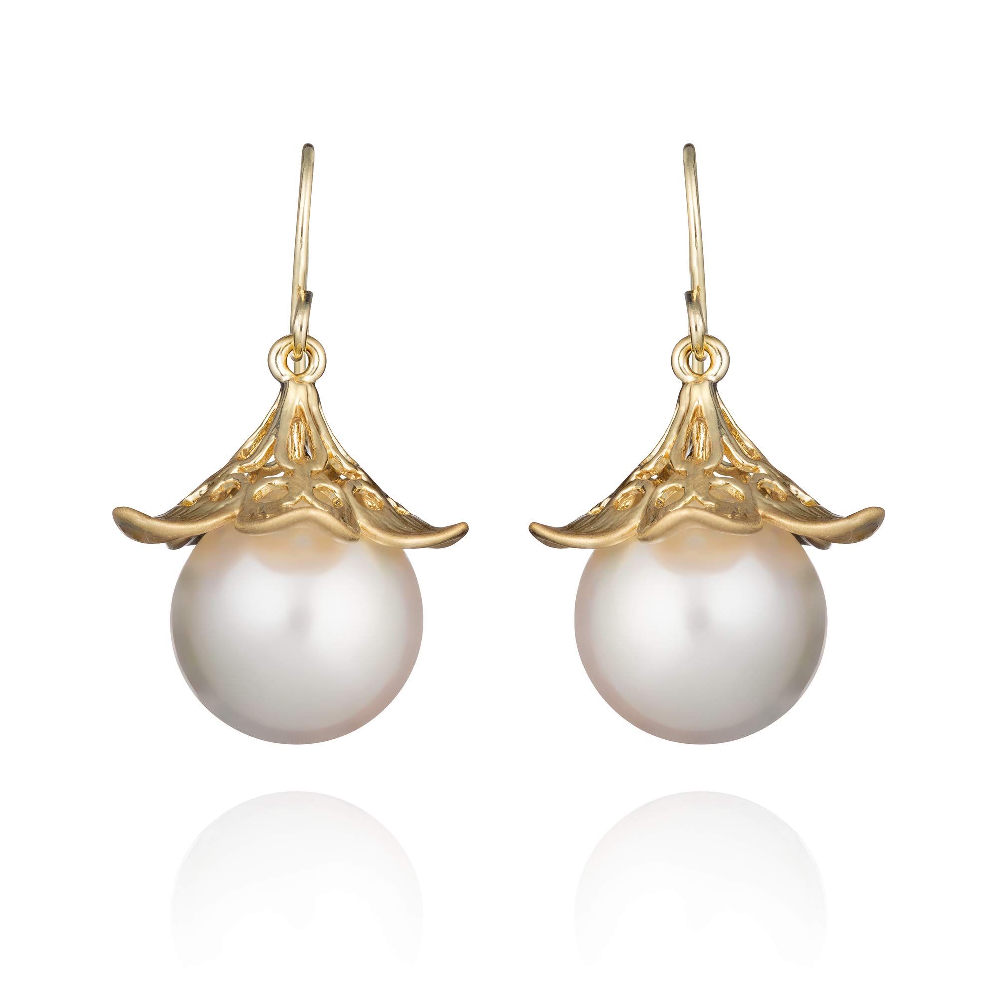 namana Pearl Drop Earrings for Women, Gold Pearl Earrings for Women, Gold Flower Earrings with Filigree Details and Large Faux Pearls, Gold Earrings with Jewellery Pouch
