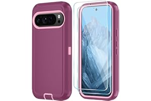 Qinmay Phone Case for Google Pixel 9 Pro XL Case with HD Screen Protector, Heavy Duty Shockproof & Dropproof 3-Layer Cover Phone Case for Pixel 9 Pro XL,WineRedPink