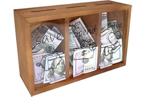 Mczxon Wooden Give Save Spend Money Saving Box for Kids, Money Coin Savings Piggy Bank Jar Box for Kids Safe Money Saver, Tea