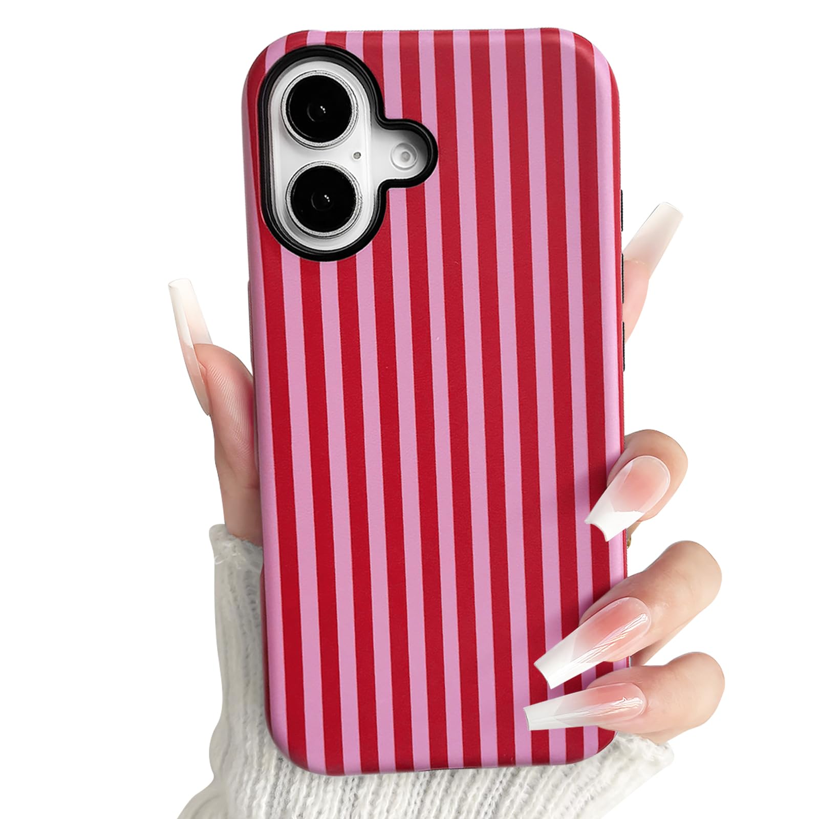 NITITOP Compatible with iPhone 16 Plus Case Matte Cute Vertical Stripes for Women Girls Men Boy Striped Pattern Hybrid 2 Layers Back Shockproof Protective Cover - Rose Red