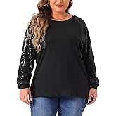 Agnes Orinda Plus Size Sparkle Sequin Tops for Women Long Sleeve Shimmer Glitter Party Shirts Blouses