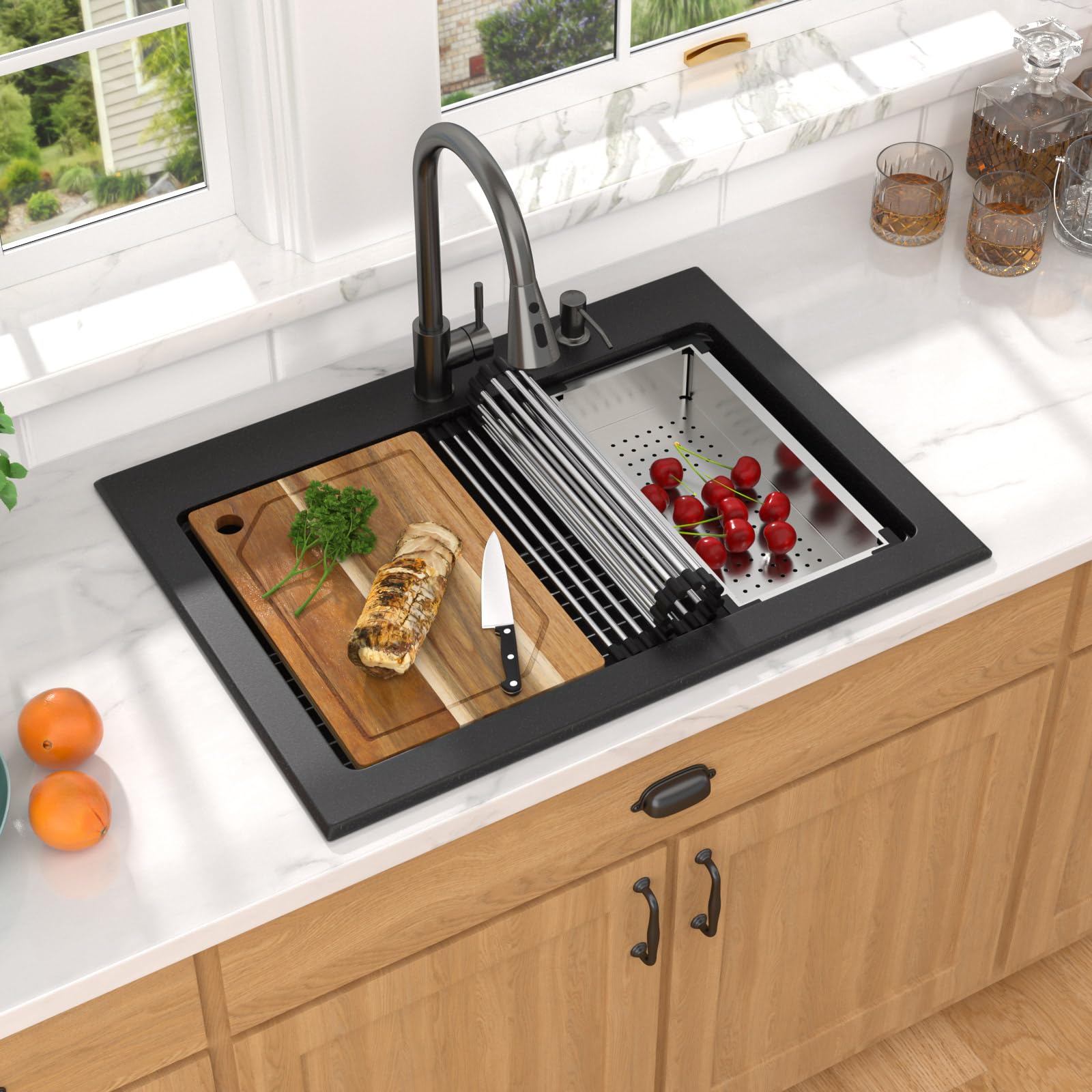 Photo 1 of *Minor damage check clerk comments* Talllor 30 Inch Granite Composite Kitchen Sink - Drop In Workstation Matte Black Quartz Single Bowl Topmount Sinks Basin, 30"x22" #TLGT-108