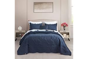 HZ & HY Oversized King Bedspread 128x120 Extra Wide, Quilted Coverlet Bedding Set, Lightweight Thin Comforter, Reversible, Luxurious, 5 Piece, 100% Microfiber, Navy Blue