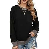 AURUZA Sweatshirt for Women Color Block Crewneck with Chest Pocket Casual Long Sleeve Loose Fit Tops Fall Sweatshirt Fashion
