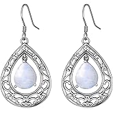 Vintage Moonstone Dangle Earrings, Sterling Silver Teardrop Filigree Earrings, Natural Gemstone Boho Jewelry Christmas Birthday Gift for Women