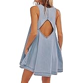 Vidifid Women's Sleeveless Casual Denim Dress Crewneck Vintage Babydoll Jean Mini Dresses with Pockets