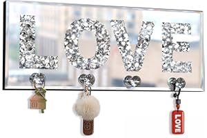 ST3000 Crush Diamond Mirrored Love Letter Plaque Sign for Wall Decor, Crystal Clear Hooks Key Holder Key Hanger, Silver Mirror Decoration Wall Art, Wall Mounted Home Decor 15"×5.9"×1.6"