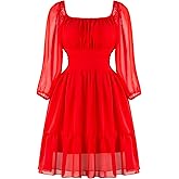 PUKAVT Women's Summer Dresses 2026 Square Neck Tie Back 3/4 Lantern Sleeve Vintage Chiffon Short Dress