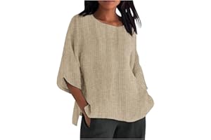 Cotton Shirts for Women Striped Basic 3/4 Sleeve Tops Summer Casual Round Neck Blouse Ladies Tunic Tshirt Slit Hem