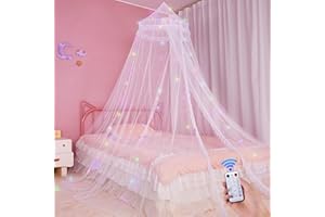 Beinou Bed Canopy for Girls with Timer Remote Canopy Bed with Lights Breathable Net Canopy for Bed Kids Girls Room Decor,White