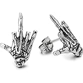 Mens Womens Stainless Steel Vintage Hand Skeleton Bone Stud Earrings, Screw Back, Punk Rock Gothic